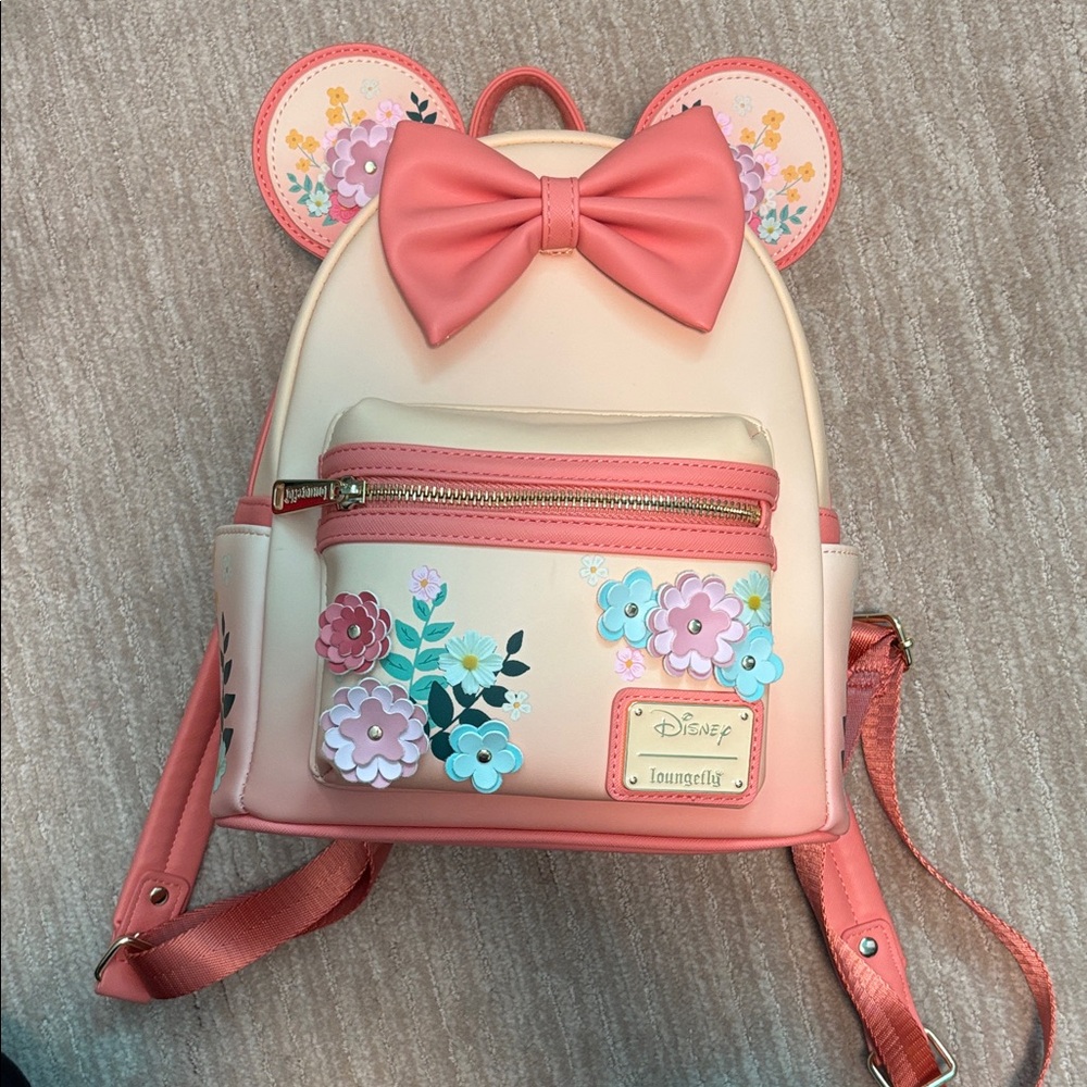Loungefly Pink & Cream Floral Minnie Ear Backpack with Bow